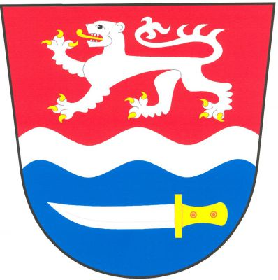 V červeno - modře stříbrným vlnitým břevnem děleném štítě nahoře kráčející stříbrná lvice se zlatou zbrojí a jazykem, dole položený stříbrný tesák se zlatým jílcem. Znak Hrdlořezy