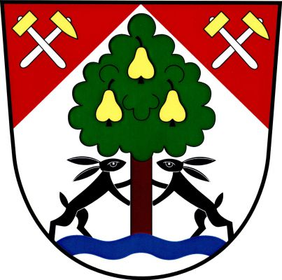 V červeném štítě zvýšený stříbrný hrot, v něm z modrého vlnitého břevna v patě vyrůstající hrušeň přirozené barvy se třemi (1, 2) zlatými hruškami a se dvěma černými zajíci stojícími na břevnu a opírajícími se ze stran o kmen. Hrot provázen dvěma kosmými mlátky šikmo podloženými želízky, vše zlaté se stříbrnými topůrky. Znak Hředle