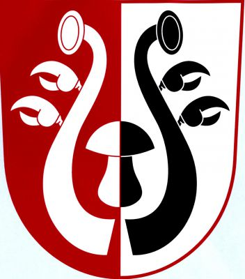 V červeno - stříbrně polceném štítě dva buvolí rohy postrkané nahoře dvěma račími klepety, pravý stříbrný a levý černý, mezi nimi stříbrno - černě polcený hřib. Znak Hřibiny-Ledská