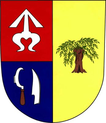 Polcený štít, pravé pole červeno-modře dělené, nahoře stříbrná zavinutá střela, dole stříbrný doleva obrácený vinařský nůž - kosíř s rukojetí přirozené barvy a vztyčené stříbrné krojidlo, v levém zlatém poli vrba přirozené barvy. Znak Hrubá Vrbka
