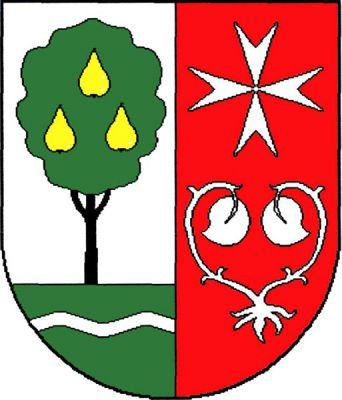 Ve stříbrno-červeně polceném štítě vpravo ze zeleného trávníku s vlnitým stříbrným břevnem vyrůstá hrušeň přirozené barvy se třemi (1,2) zlatými hruškami, vlevo maltézský kříž nad vykořeněnými lekny, vše stříbrné. Znak Hrušky