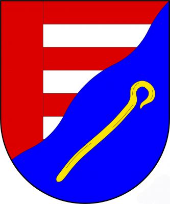 Šikmo vlnitě dělený štít. Horní pole vpravo polcené, vpravo červené, vlevo pětkrát červeno-stříbrně dělené. V dolním modrém poli šikmo zlatá pastýřská hůl se zatočenou hlavicí. Znak Hulice