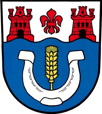 Ve stříbrno-modře vlnitě zvýšeně děleném štítě nahoře lilie mezi dvěma vyrůstajícími hrady se třemi věžemi, prostřední vyšší a širší, vše červené, dole zlatý obilný klas vyrůstající z obrácené stříbrné podkovy. Znak Humburky