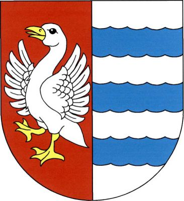 V červeno-stříbrně polceném štítě vpravo stříbrná vykračující rozkřídlená husa se zlatou zbrojí, vlevo tři modrá vlnkovitá břevna. Znak Husinec