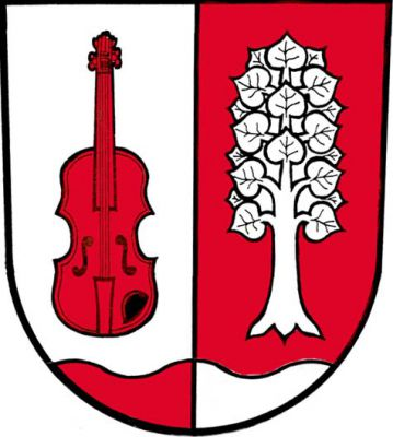 Ve stříbrno-červeně polceném štítě s vlnitou patou opačných barev vpravo červené housle, vlevo stříbrná vykořeněná lípa. Znak Huslenky