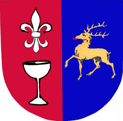 Červeno-modře polcený štít, vpravo lilie nad skleněnou číší, obojí stříbrné, vlevo zlatý kráčející jelen s červeným jazykem. Znak Hutisko-Solanec