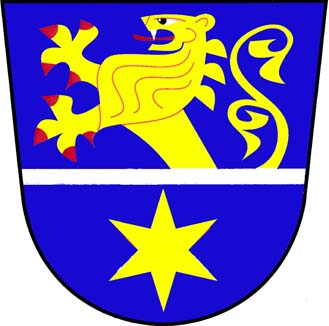 V modrém štítě stříbrné zúžené břevno, z něhož vyrůstá zlatý lev s červenou zbrojí, dole zlatá hvězda. Znak Hvězdonice