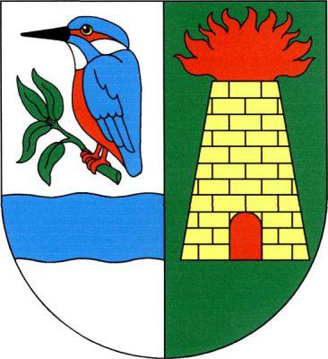 Ve stříbrno-zeleně polceném štítě vpravo nad sníženým modrým vlnitým břevnem ledňáček říční přirozené barvy sedící na zelené vrbové větvi se čtyřmi listy, vlevo zlatá kvádrovaná červeně hořící vysoká pec s červeným topeništěm. Znak Hýskov
