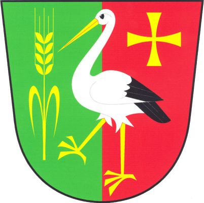 V zeleno-červeně polceném štítě stříbrný vykračující čáp se zlatou zbrojí, provázený vpravo obilným klasem se dvěma listy a vlevo nahoře tlapatým křížem, obojí zlaté. Znak Ivaň