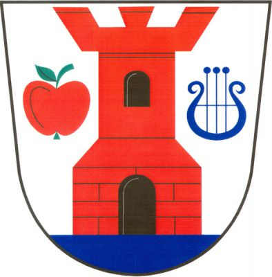 Ve stříbrném štítě na modrém trávníku červená věž s kvádrovaným soklem, cimbuřím, s černou branou a oknem, provázená vpravo červeným jablkem a zelenou stopkou s listem, vlevo modrou lyrou. Znak Jabkenice