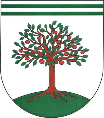 Ve stříbrném štítě pod stříbrno-zeleně třikrát dělenou hlavou na zeleném návrší vykořeněná jabloň přirozené barvy s červenými plody. Znak Jabloňov