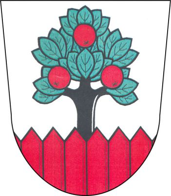 Ve stříbrném štítě jabloň se zelenou korunou, červenými jablky a černým kmenem vyrůstající z červené palisády. Znak Jablůnka