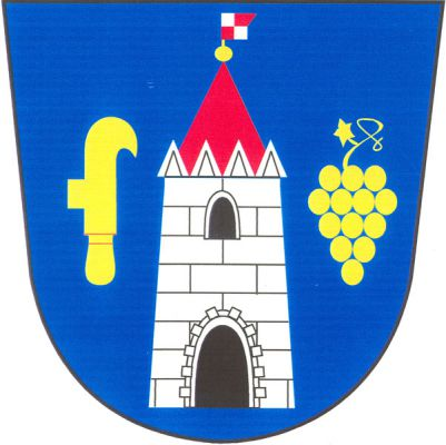V modrém štítě stříbrná kvádrovaná věž s černou branou, oknem a červenou stanovou střechou zakončenou zlatou makovicí se stříbrno-červeně čtvrceným praporkem, provázená doleva obráceným vinařským nožem - kosířem a vinným hroznem s listem, obojí zlaté. Znak Jalubí