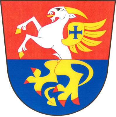 V červeno-modře děleném štítě stříbrná polovina kozla se zlatou zbrojí a zlatým křídlem s volným modrým tlapatým křížem přiléhající k dolní polovině zlatého gryfa s červenou zbrojí. Znak Jamné