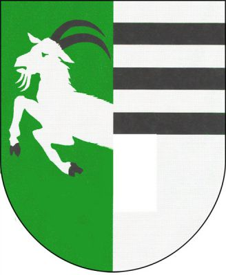 Zeleno-stříbrně polcený štít, vpravo vyniká půl stříbrného kozla s černou zbrojí, v horní části levého pole tři černá břevna. Znak Jámy