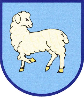 V modrém štítě stříbrné ohlížející se jehně se zlatou zbrojí. Znak Jehnědí