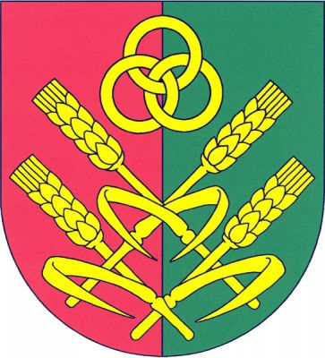 V červeno-zeleně polceném štítě čtyři mřežovitě propletené obilné klasy, každý s listem, převýšené třemi prostupujícími se kruhy (1,2), vše zlaté. Znak Jenišovice