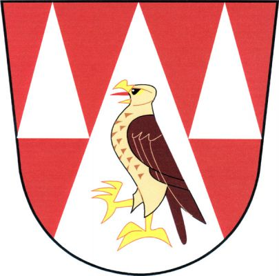 V červeném štítě stříbrný hrot, v něm vykračující jestřáb přirozené barvy se zlatou zbrojí, po stranách dva stříbrné kužely. Znak Jestřebí