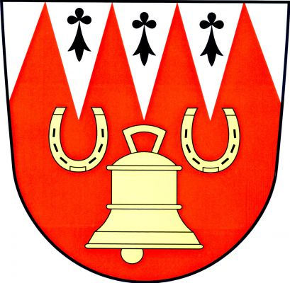 Ve stříbrném štítě čtyři zvýšené červené kužely, v nich zvon nahoře provázený dvěma obracenými podkovami, vše zlaté. Mezi kužely tři černé hranostají ocásky. Znak Jezbořice