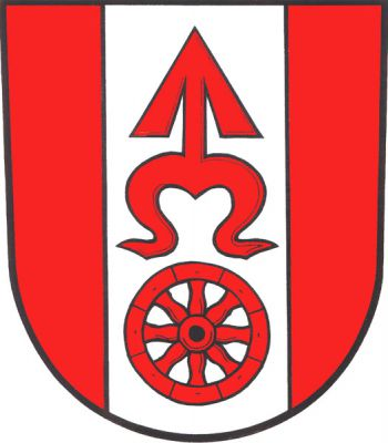 V červeném štítě ve stříbrném rozšířeném kůlu zavinutá střela nad vozovým kolem, obojí červené. Znak Jezdkovice