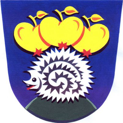 V modrém štítě na zeleném návrší stříbrný ježek nesoucí na bodlinách tři zlatá jablka. Znak Ježkovice