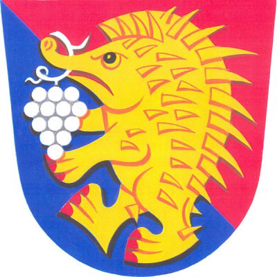 V červeno-modře kosmo děleném štítě vzpřímený vykračující zlatý ježek s červenou zbrojí nesoucí v tlamě stříbrný vinný hrozen. Znak Ježov
