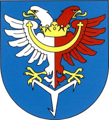 V modrém štítě stříbrno-červeně polcený orel se zlatou zbrojí, korunou kolem krku a jetelovitě zakončeným perizoniem, stojící na stříbrném hříči. Znak Jimlín