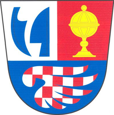 Dělený štít, nahoře stříbrno - červeně polcený. V pravém poli postavené krojidlo a vztyčená radlice, obojí přivrácené a modré, v levém zlatý pohár s víkem. V dolním modrém poli položené stříbrno - červeně šachované křídlo. Znak Jinačovice