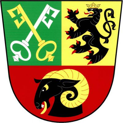 Dělený štít, nahoře zeleno-zlatě polcený, vpravo zkřížené vztyčené klíče, kosmý zlatý, šikmý stříbrný, vlevo černý korunovaný dvouocasý lev s červenou zbrojí, v dolním červeném poli černá beraní hlava se zlatou zbrojí. Znak Jinošov
