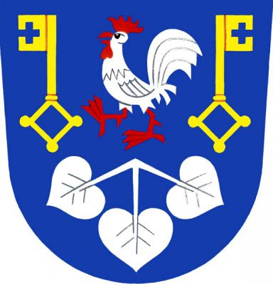 V modrém štítě nad stříbrným, dolů obráceným, lipovým trojlistem stříbrný vykračující kohout s červenou zbrojí, provázený zlatými odvrácenými vztyčenými klíči. Znak Jiřice