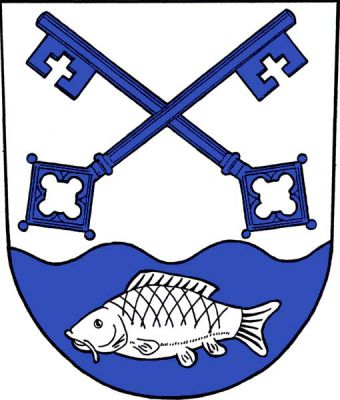 Stříbrno-modře vlnitě dělený štít, nahoře zkřížené klíče, dole ryba, obojí obrácených barev. Znak Jistebník