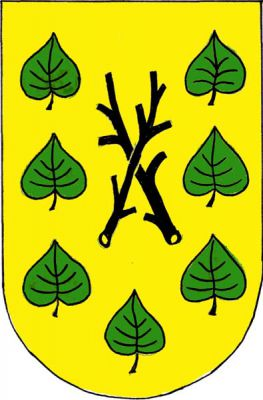 Ve zlatém štítě černé zkřížené ostrve provázené zelenými lipovými listy (2,2,1). Znak Jitkov