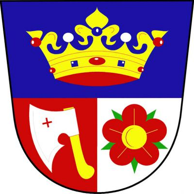 Dělený štít, v horním modrém poli zlatá, červeně vyložená liliová koruna se dvěma perlami, zdobená červenými a modrými kameny, dolní pole červeno-stříbrně polceno, vpravo kosmá stříbrná sekera - širočina se zlatým topůrkem, vlevo červená růže se zlatým semeníkem a zelenými kališními lístky. Znak Kájov