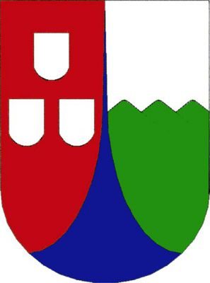 Červeno-stříbrně polcený štít s modrým vydutým hrotem, vpravo tři (1,2) stříbrné štítky, vlevo tři zelené zvýšené vrchy. Znak Kameničky