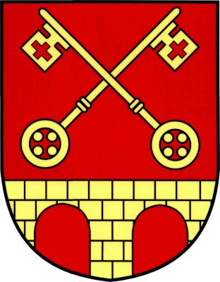 V červeném štítě nad kvádrovaným mostem se dvěma oblouky zkřížené klíče, vše zlaté. Znak Kamenný Most