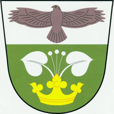 Ve stříbrno-zeleně zvýšeně děleném štítě nahoře rozkřídlená káně přirozené barvy, dole zlatá koruna, z níž vyrůstají dva odkloněné lipové listy, mezi nimi tři plody, vše stříbrné. Znak Kanina