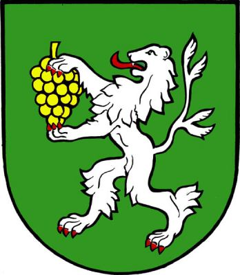 V zeleném štítě stříbrný lev s červenou zbrojí držící v tlapách zlatý hrozen. Znak Kašnice