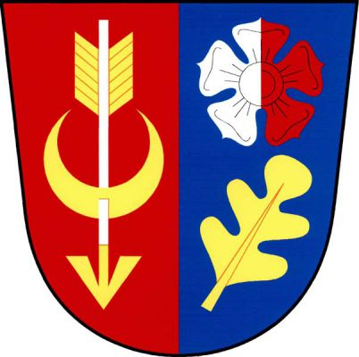 V červeno - modře polceném štítě, vpravo stoupající zlatý půlměsíc shora prostřelený stříbrným šípem se zlatým hrotem a opeřením, vlevo stříbrno - červeně polcená růže, pod ní šikmo vztyčený zlatý dubový list. Znak Kbel