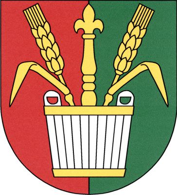 V červeno - zeleně polceném štítě stříbrný džber se zlatými obručemi, z něhož vyrůstá liliové žezlo mezi dvěma obilnými klasy, každý s odkloněným listem, vše zlaté. Znak Keblice