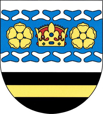 Ve stříbrno - černě sníženě děleném štítě nahoře rozšířené modré oboustranně oblakové břevno, v něm mezi dvěma růžemi červeně vyložená liliová koruna s oblouky, dole břevno, vše zlaté. Znak Keblov