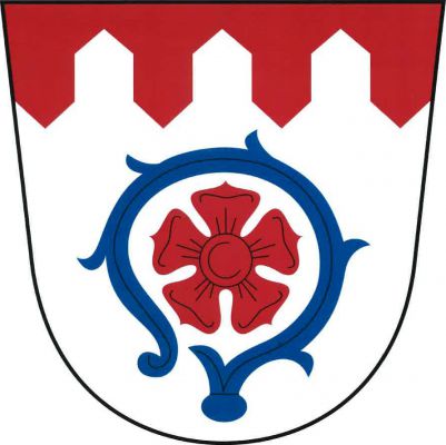 Ve stříbrném štítě pod červenou palisádovou hlavou modrá hlavice berly s červenou růží v závitu. Znak Kejnice