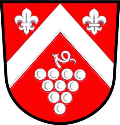 V červeném štítě nad vinným hroznem krokev provázená nahoře dvěma liliemi, vše stříbrné. Znak Kelčany