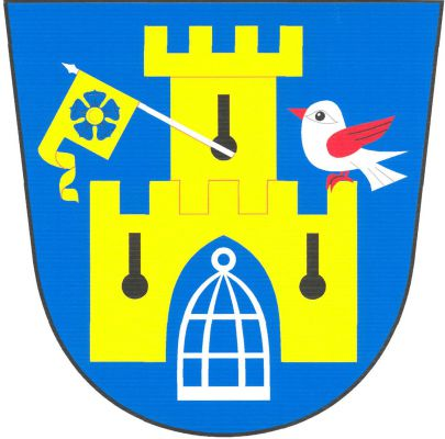 V modrém štítě zlatý hrad s prolomenou gotickou branou s cimbuřím o pěti stínkách a věží s cimbuřím o čtyřech stínkách. Po stranách brány a na věži po černé klíčové střílně. Z horní střílny vyniká kosmo na stříbrné žerdi zlatý praporec s ocasem, v něm modrá růže se zlatým semeníkem. Vlevo na poslední stínce brány sedí stříbrný ptáček s červenou zbrojí a křídlem, v bráně stříbrná klec s kruhovým závěsem. Znak Klec