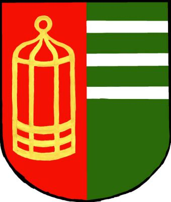 Červeno-zeleně polcený štít, vpravo zlatá ptačí klec, v horní části levého pole tři zúžená stříbrná břevna. Znak Klecany