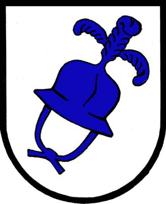 Ve stříbrném štítě šikmo položený železný klobouk s podbradníkem a třemi péry, vše modré. Znak Klobouky u Brna