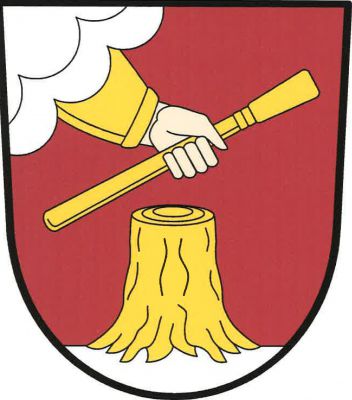 V pravém rohu červeného štítu stříbrný oblak, z něhož vyniká zlatě oděná levá ruka přirozené barvy, držící nad zlatým pařezem na stříbrném trávníku, šikmo zlatou hůl. Znak Kmetiněves
