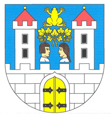 V modrém štítě stříbrná kvádrovaná hradba s cimbuřím a branou se zlatými zavřenými vraty na černých závěsech. Za hradbou dvě stříbrné věže s cimbuřím, každá se dvěma černými okny nad sebou a červenou stanovou střechou zakončenou zlatou makovicí. Mezi věžemi dvě přivrácené busty, muže a ženy, obě v přirozené barvě a stříbrném oděvu, nad nimi zkřížené chmelové stonky s listy a šišticemi převýšené žábou, vše zlaté. Znak Kněževes