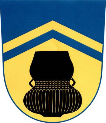 V modro - zlatě sníženým hrotem děleném štítě, nahoře snížená zlatá krokev, dole černá etážová amfora. Znak Knovíz