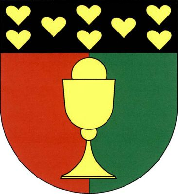 V zeleno-červeně polceném štítě pod černou hlavou s osmi (3,2,3) srdíčky kalich s hostií, vše zlaté. Znak Koberovy