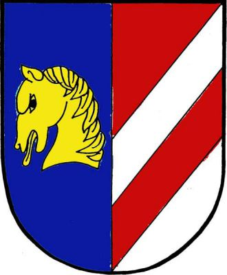 Polcený štít, v pravém modrém poli zlatá kobylí hlava s krkem, levé pole třikrát červeno-stříbrně šikmo dělené. Znak Kobylá nad Vidnavkou